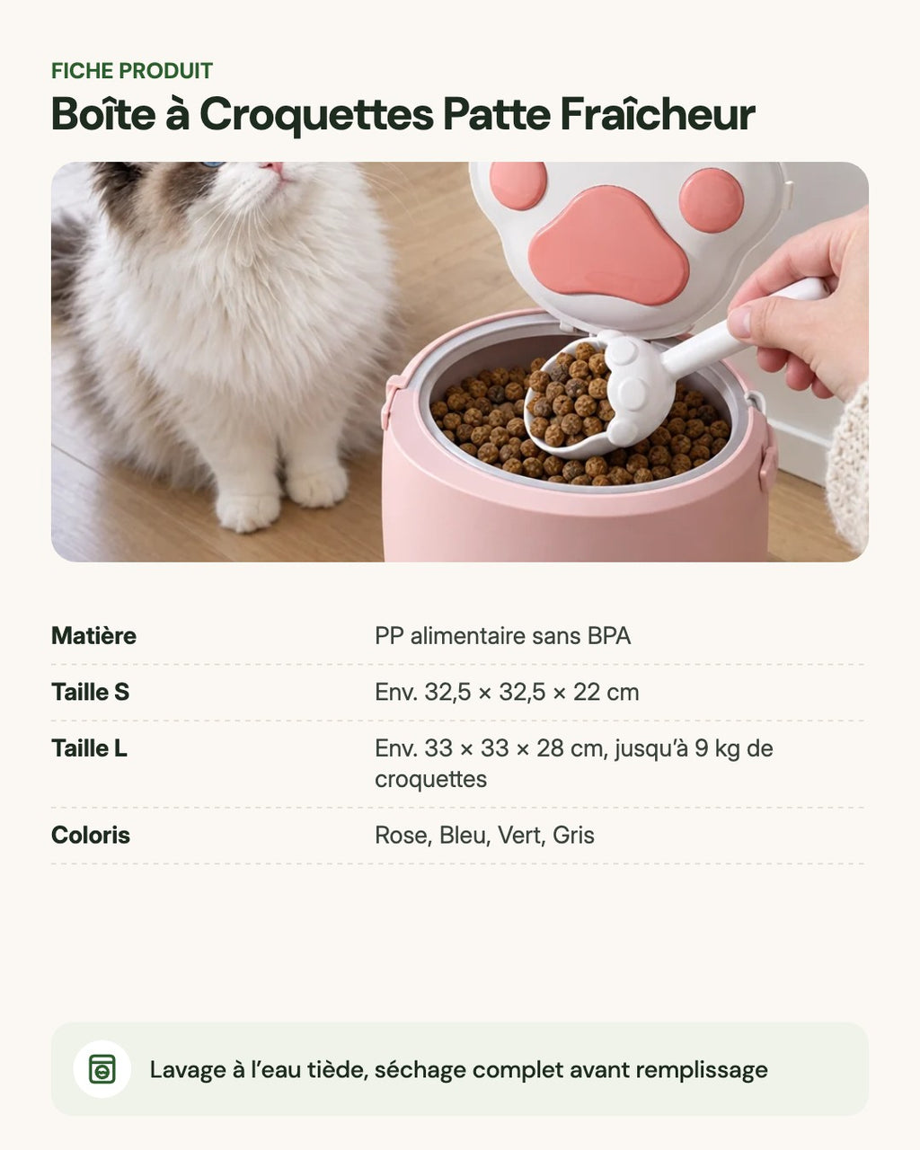Boîte à Croquettes Patte Fraîcheur – fiche produit