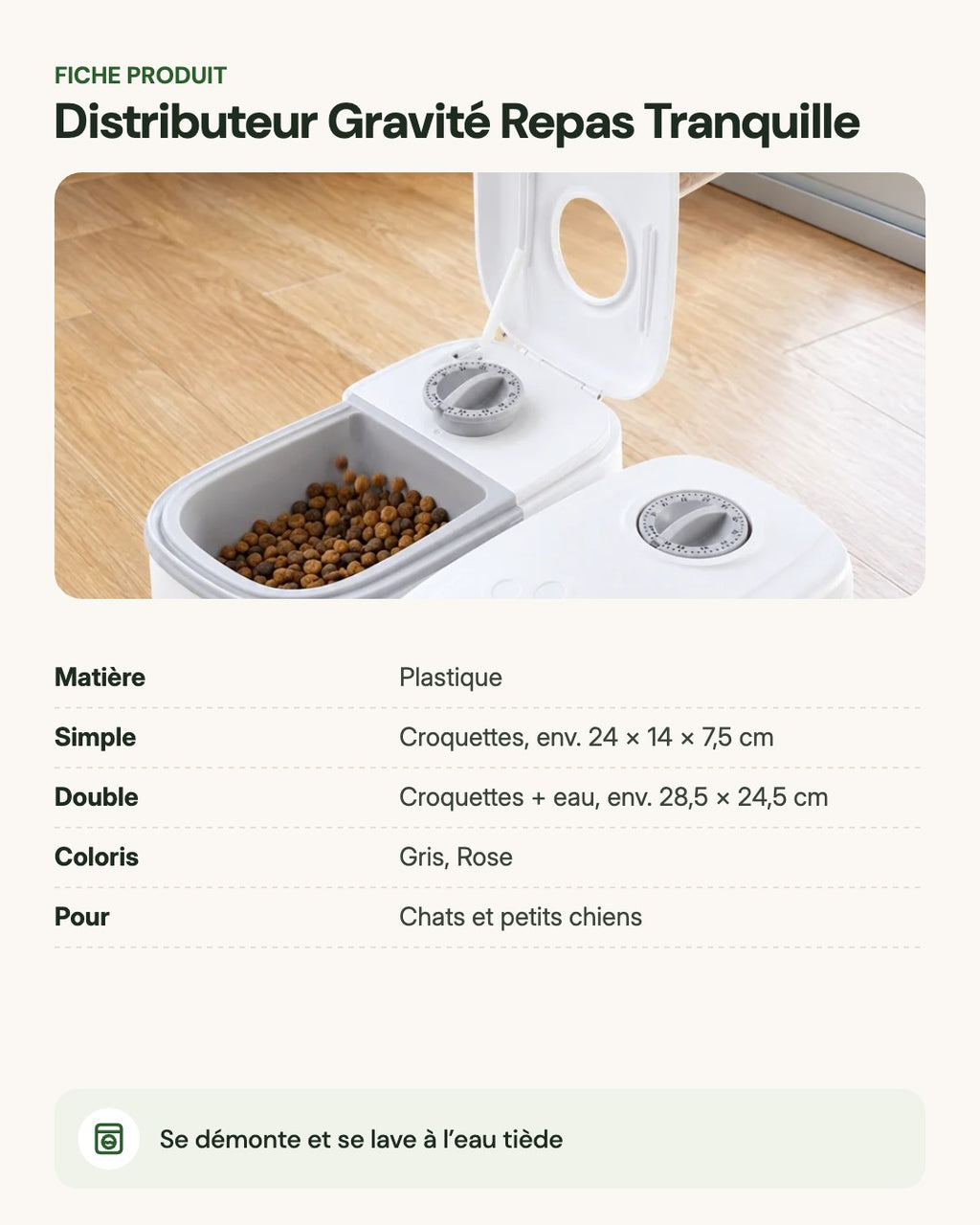 Distributeur Gravité Repas Tranquille – fiche produit