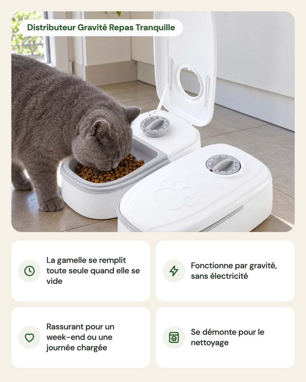 Distributeur Gravité Repas Tranquille – points forts
