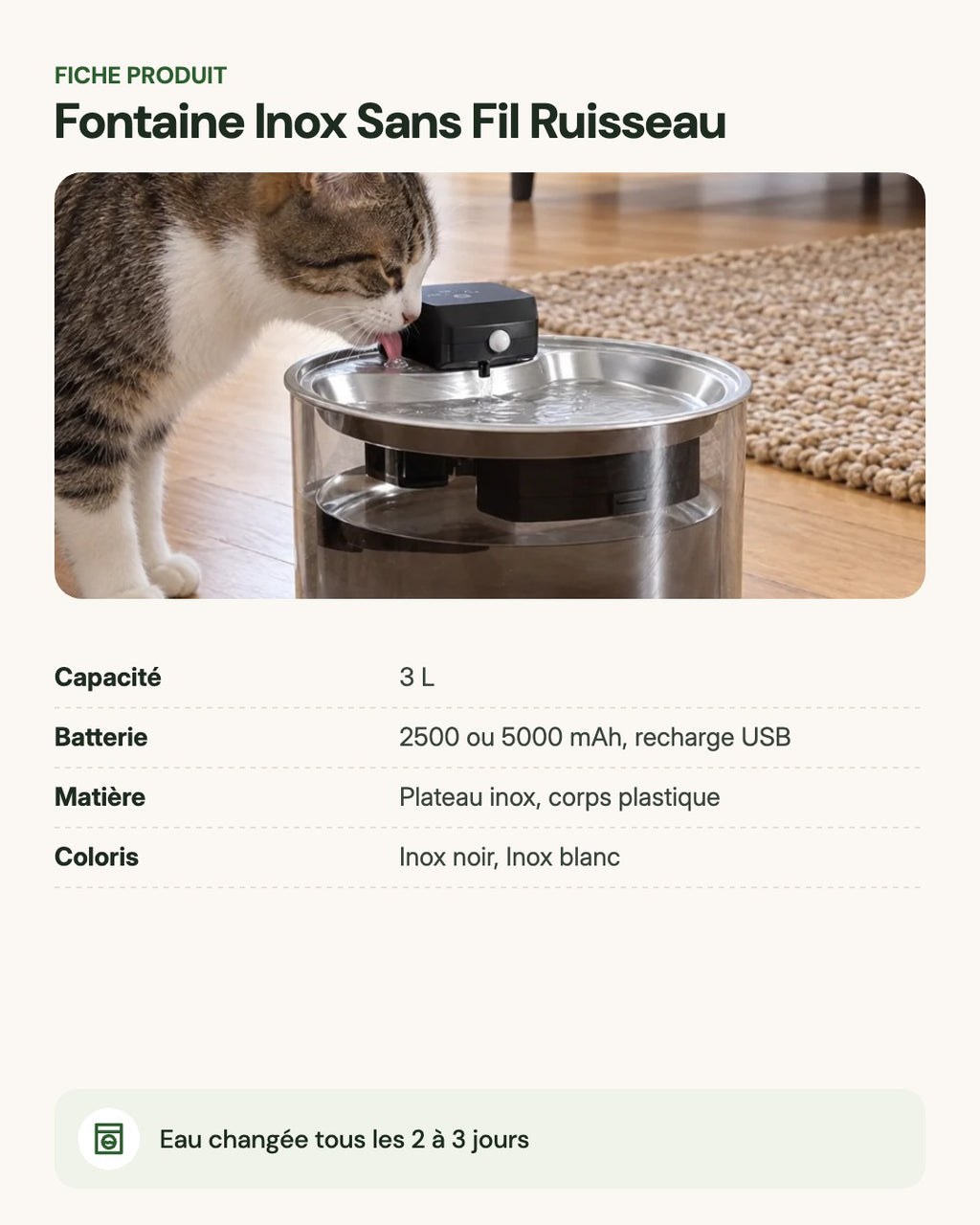 Fontaine Inox Sans Fil Ruisseau – fiche produit