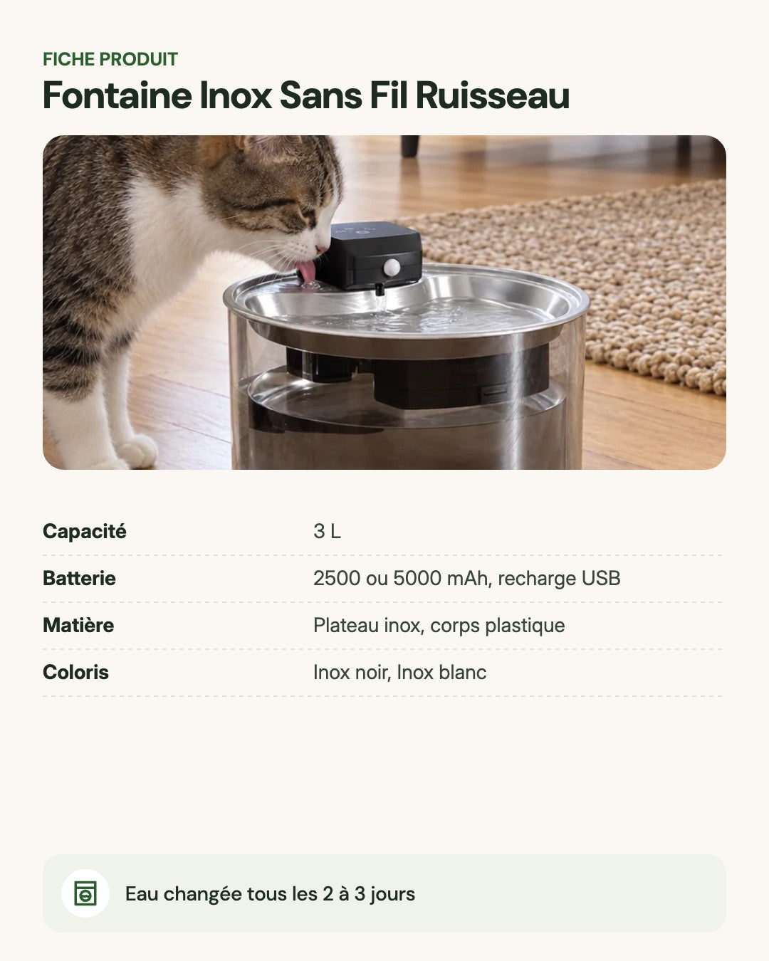 Fontaine Inox Sans Fil Ruisseau – fiche produit