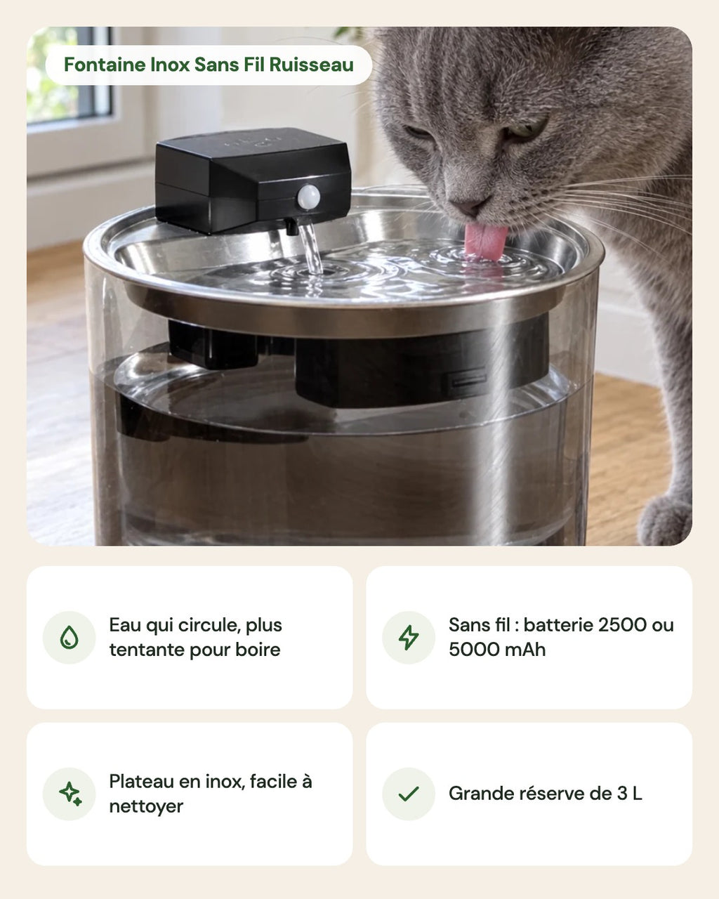 Fontaine Inox Sans Fil Ruisseau – points forts