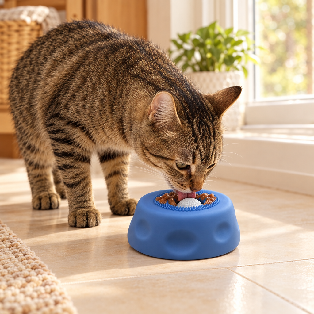 Chat qui mange dans la gamelle de léchage
