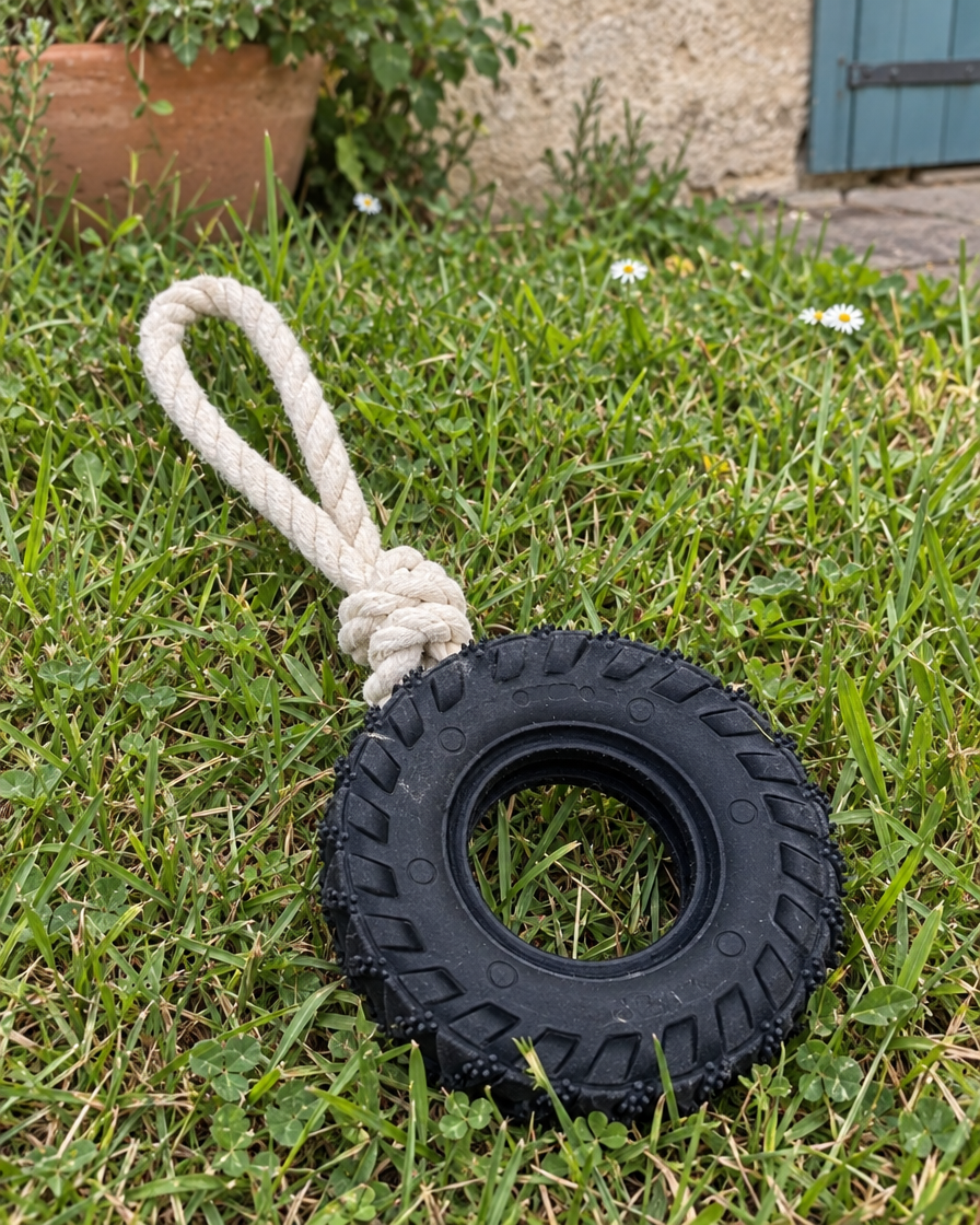 Pneu à mâcher avec corde NordPet dans l'herbe