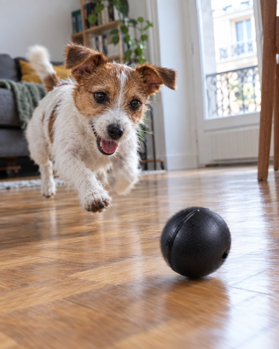 Chien qui poursuit la balle roulante intelligente