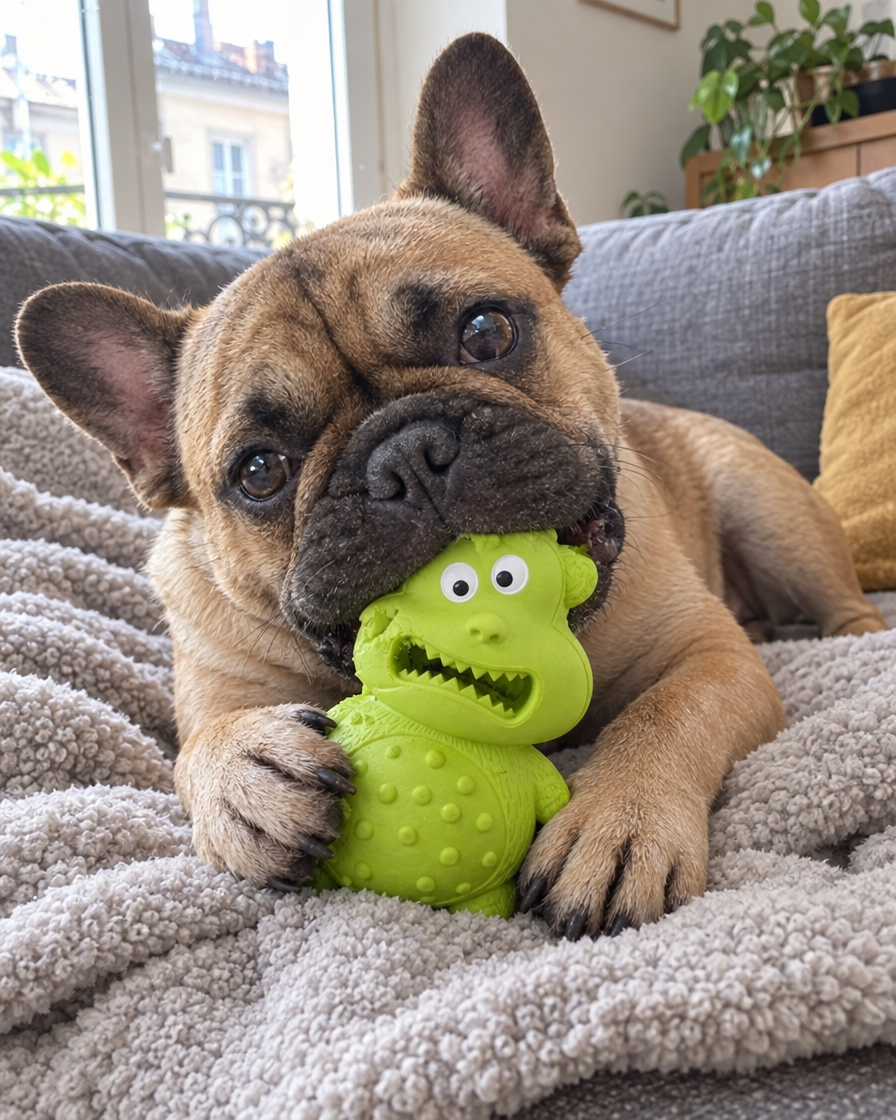 Bouledogue français qui mâche le jouet monstre