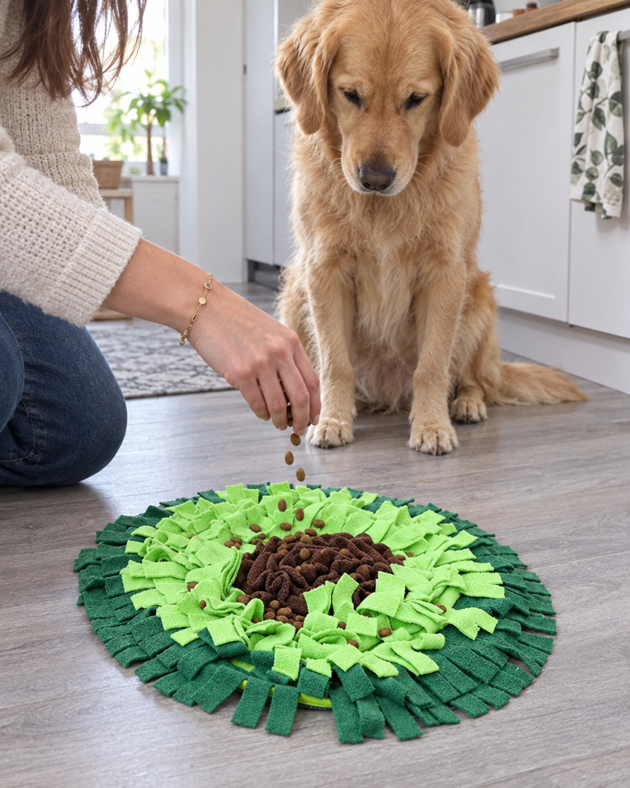Croquettes cachées dans le tapis de fouille