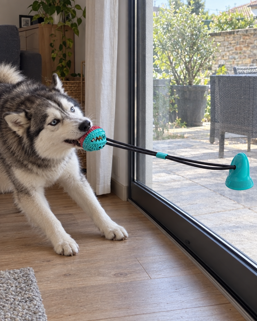 Husky qui tire sur le jouet à ventouse