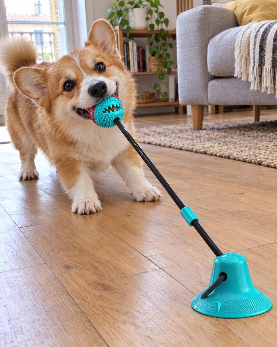 Corgi qui joue au tir à la corde en solo