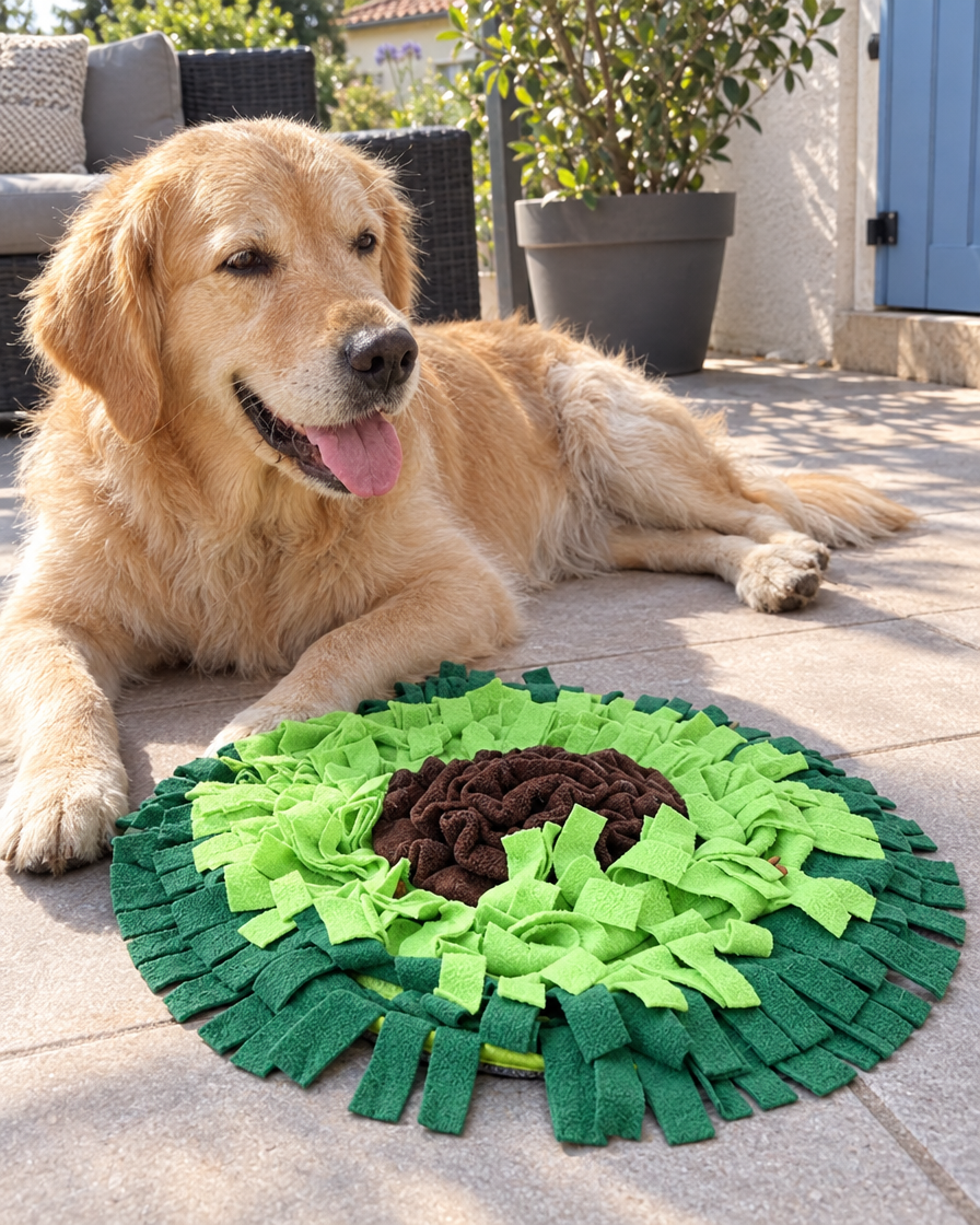 Chien détendu à côté du tapis de fouille