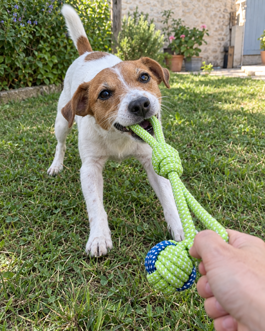 Jack russell qui joue au tir à la corde