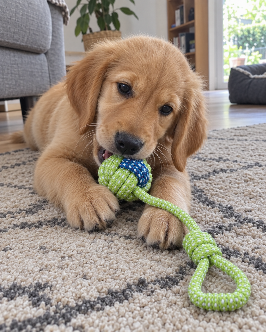 Chiot qui mâche la balle tressée