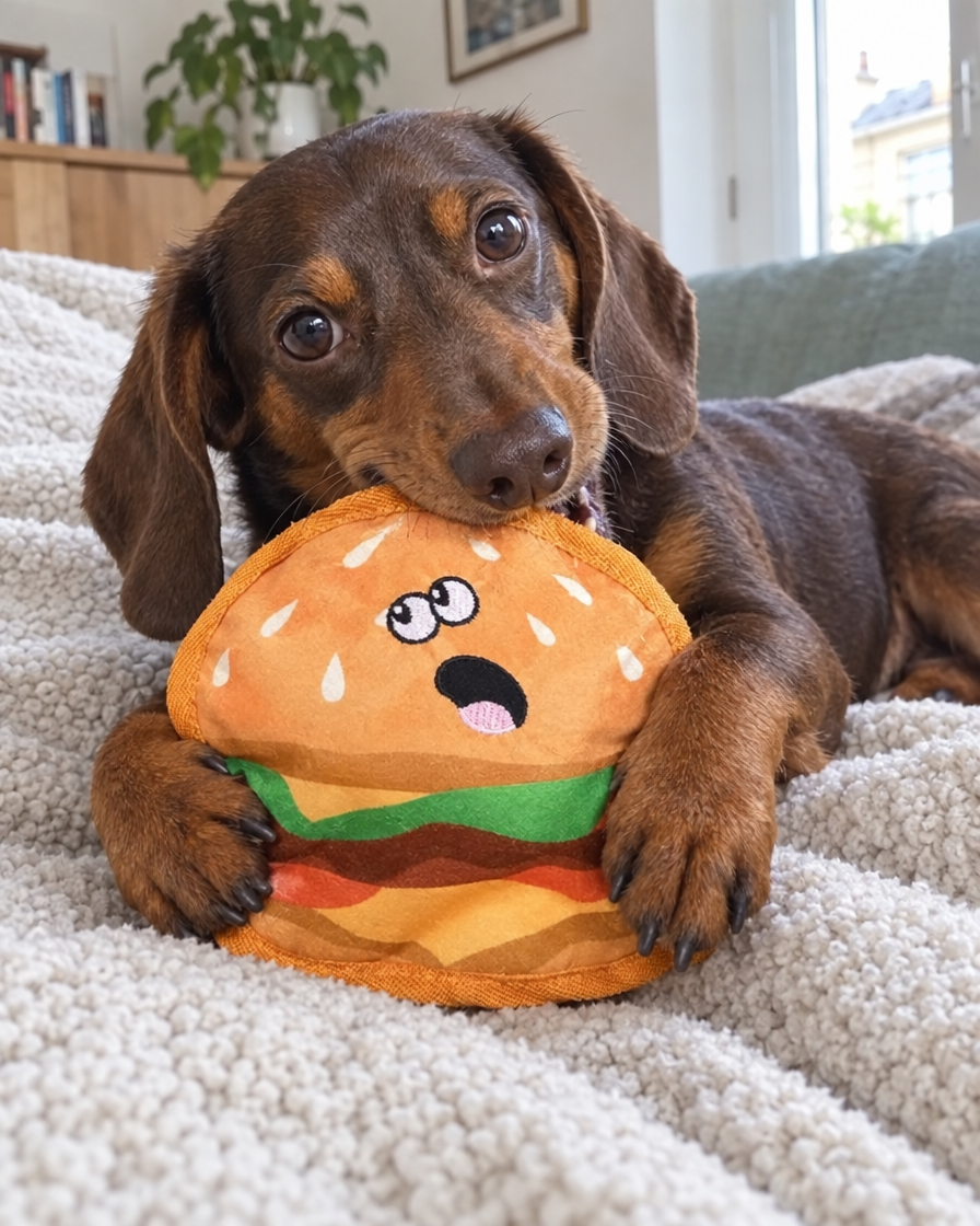Teckel qui câline la peluche burger