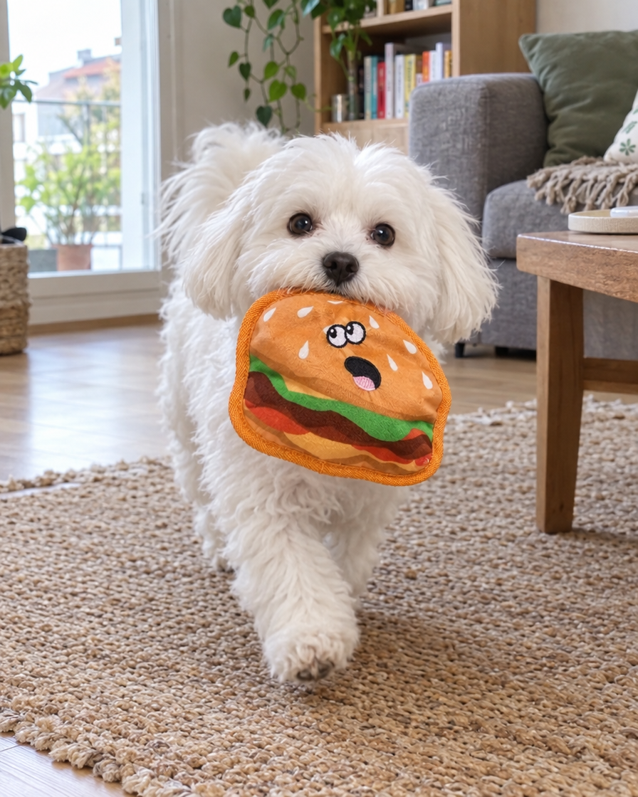 Bichon qui porte la peluche burger