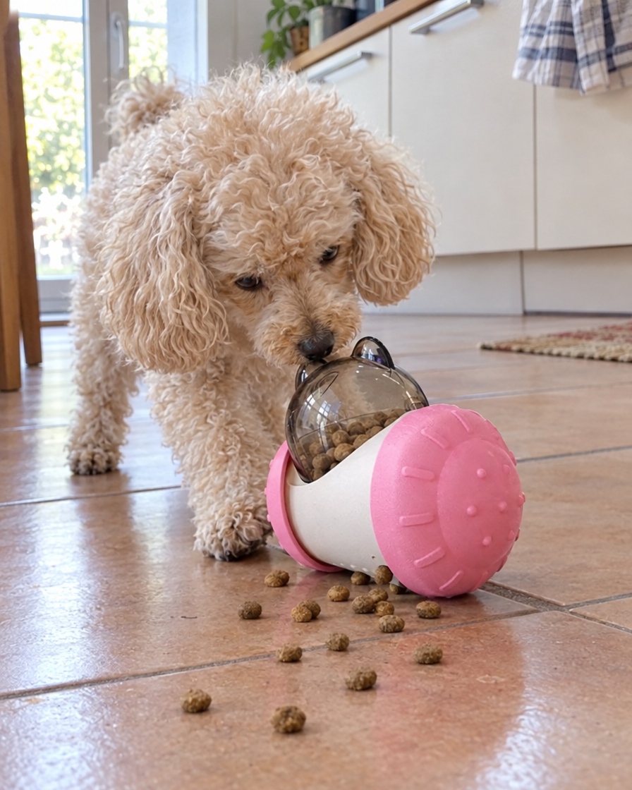 Caniche qui fait bouger le culbuto