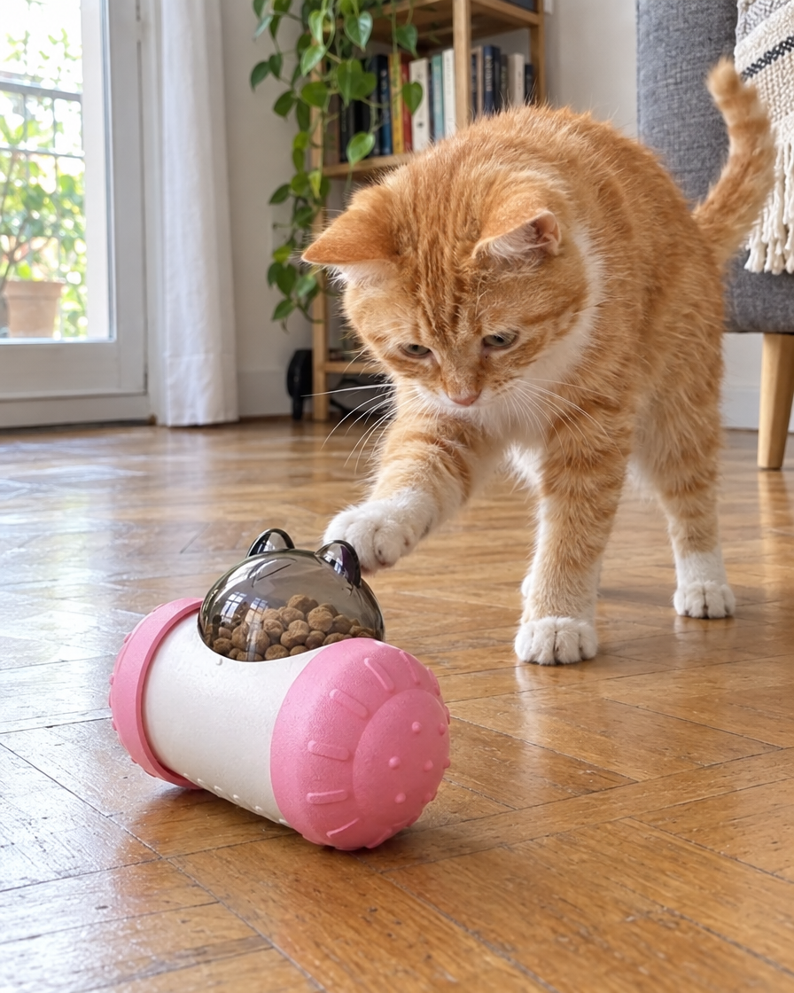 Chat qui joue avec le culbuto à croquettes
