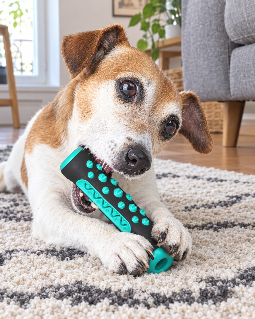 Jack russell qui mâche le jouet brosse à dents