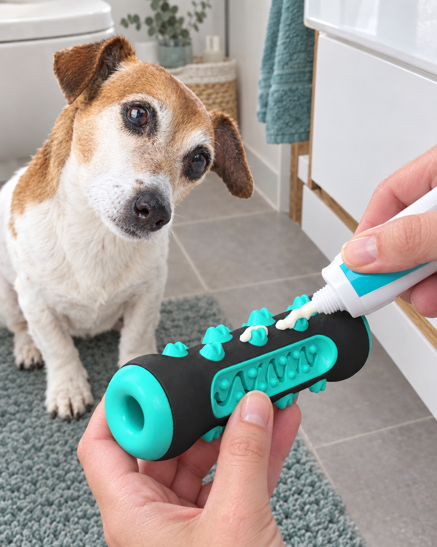 Dentifrice déposé dans les rainures du jouet