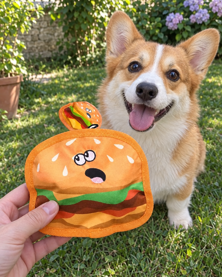 Corgi qui regarde la peluche burger