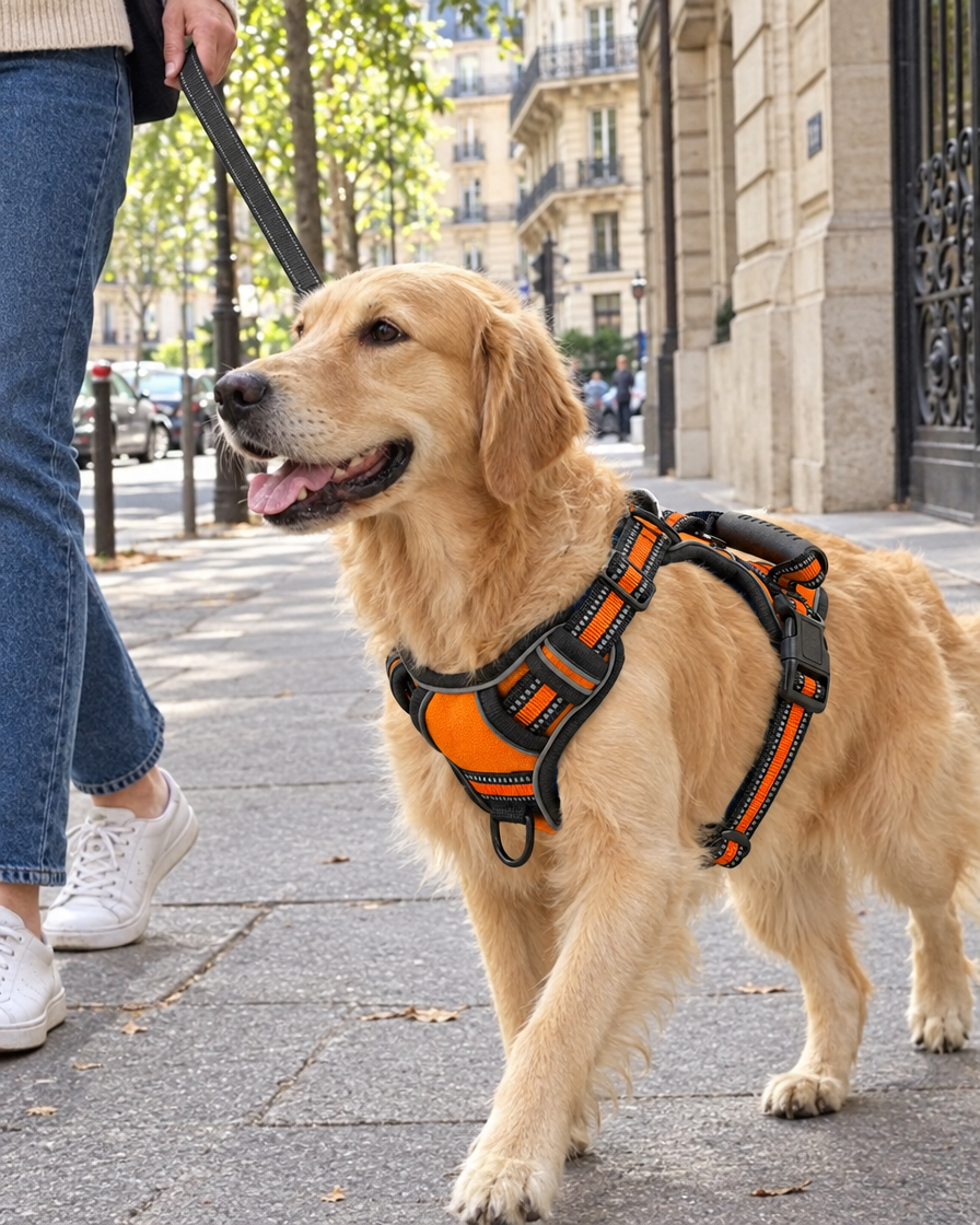 Golden retriever en promenade avec le harnais anti-traction