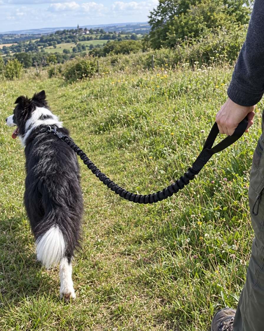 Border collie en balade avec la laisse élastique