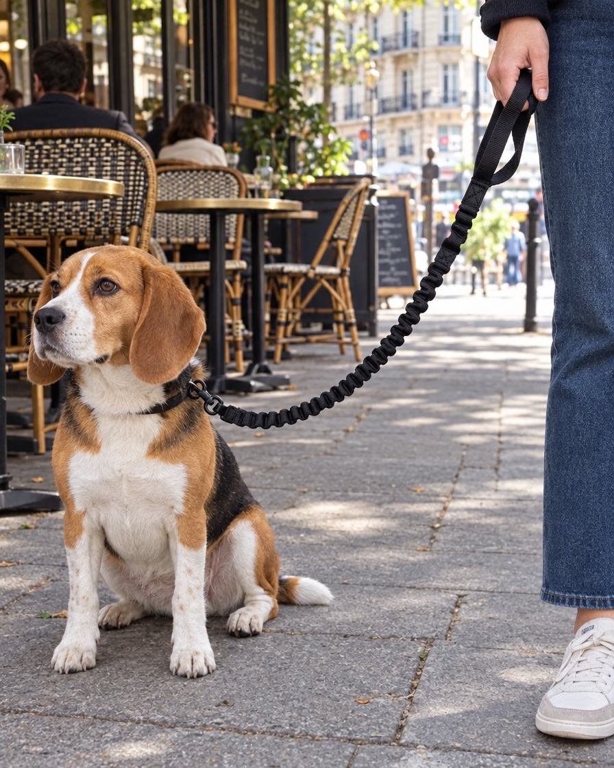 Beagle assis en ville avec la laisse élastique