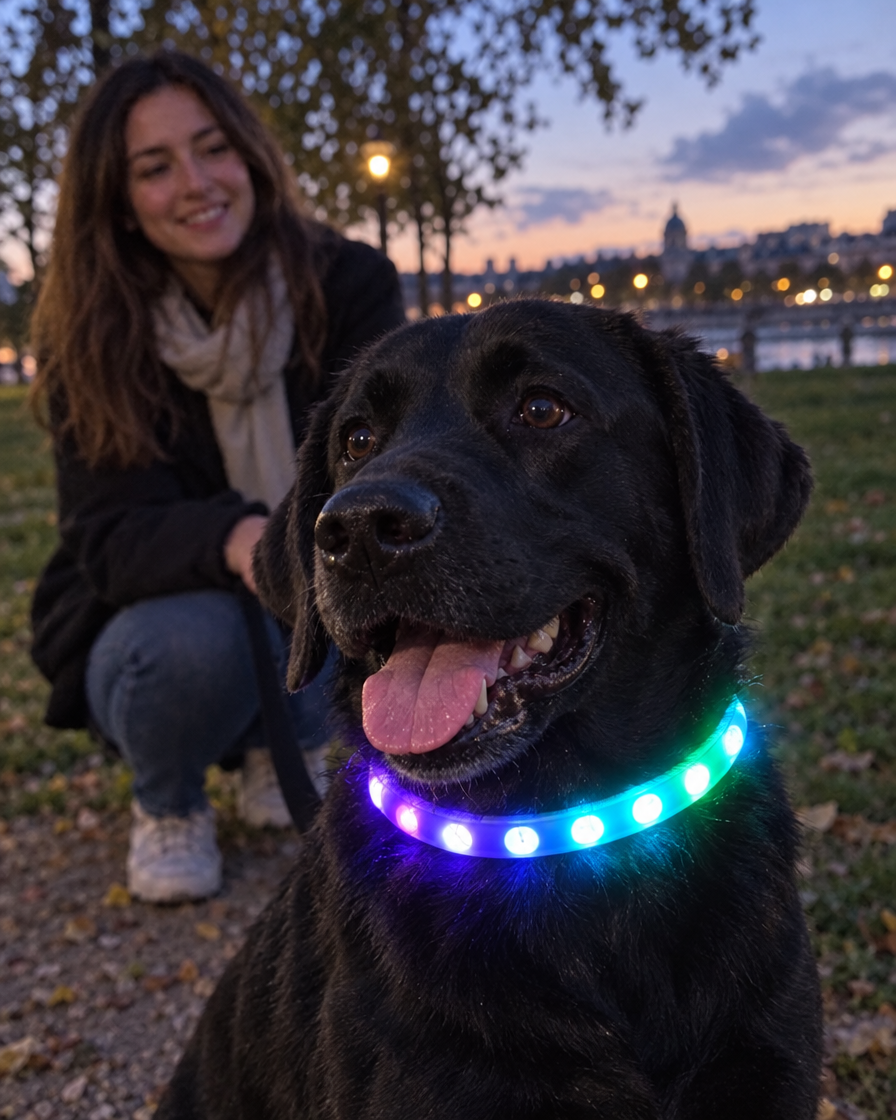 Labrador noir avec collier LED au crépuscule