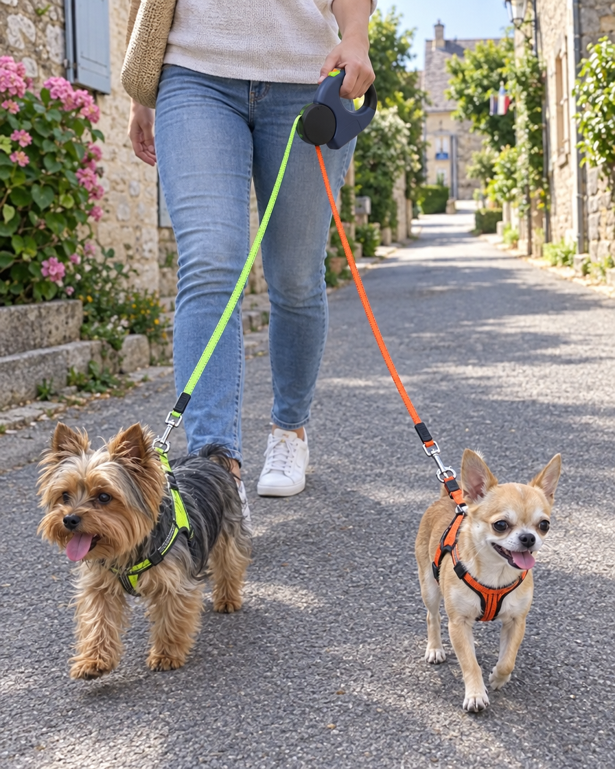Promenade de deux petits chiens avec la double laisse