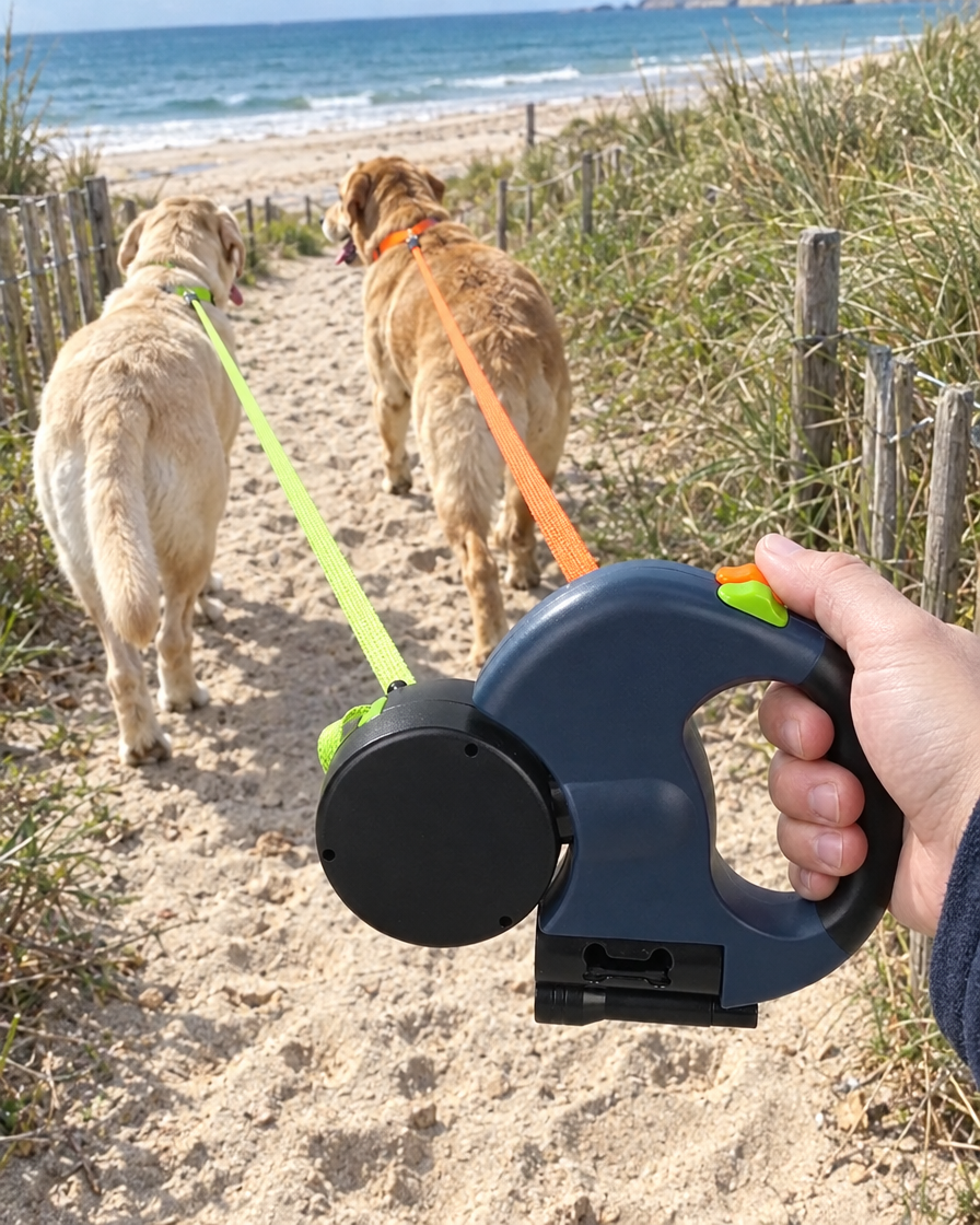 Double laisse en main à la plage