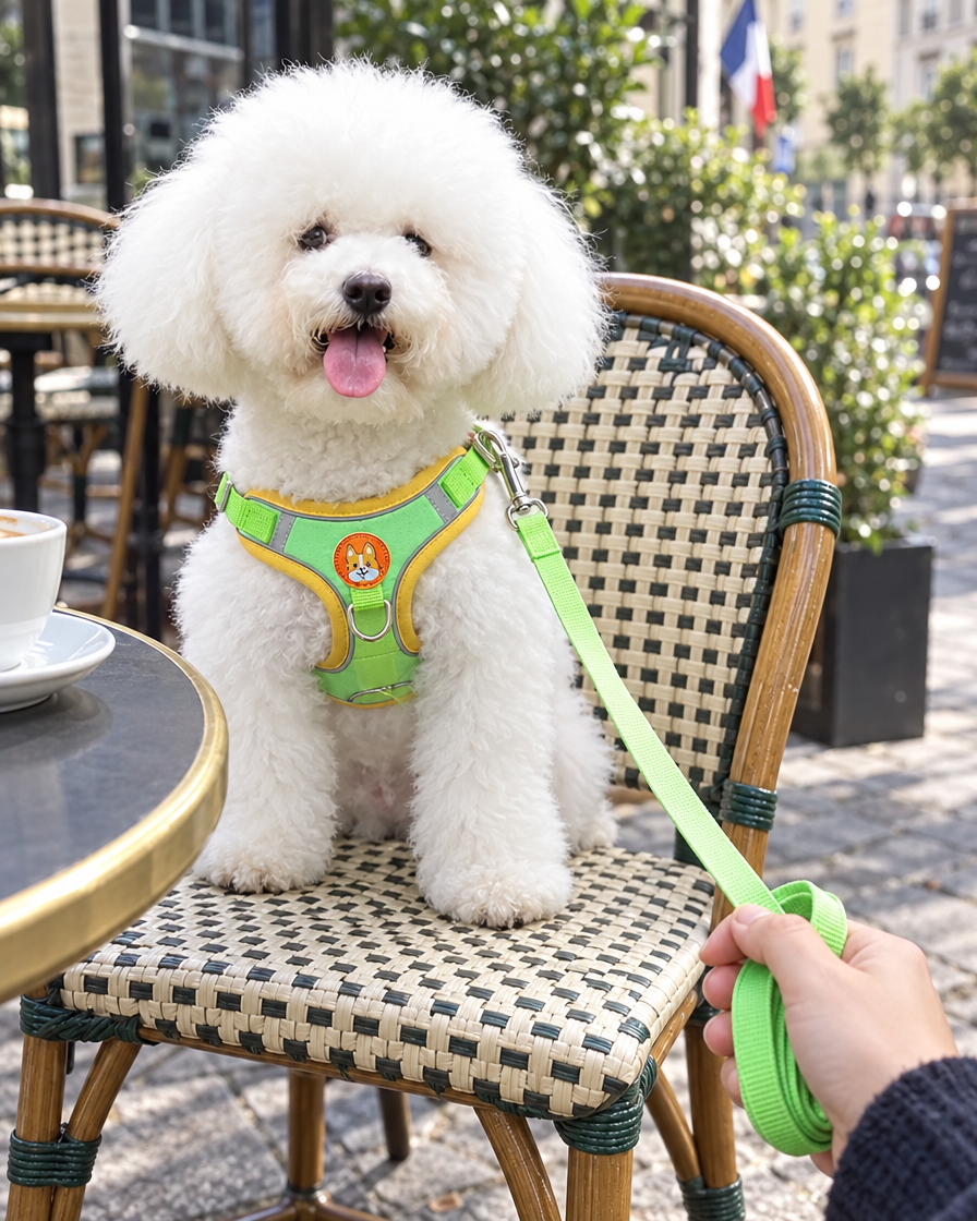 Bichon maltais avec harnais en terrasse