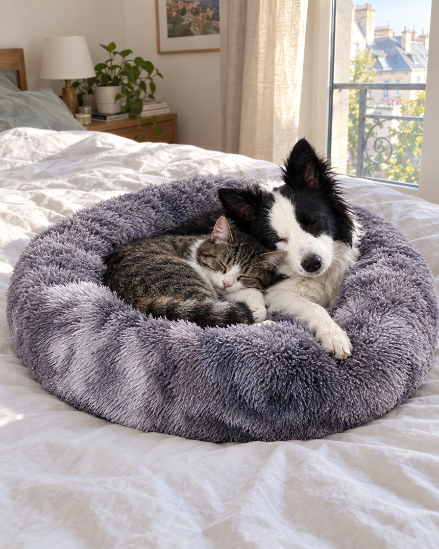 Chat et petit chien dans le panier donut