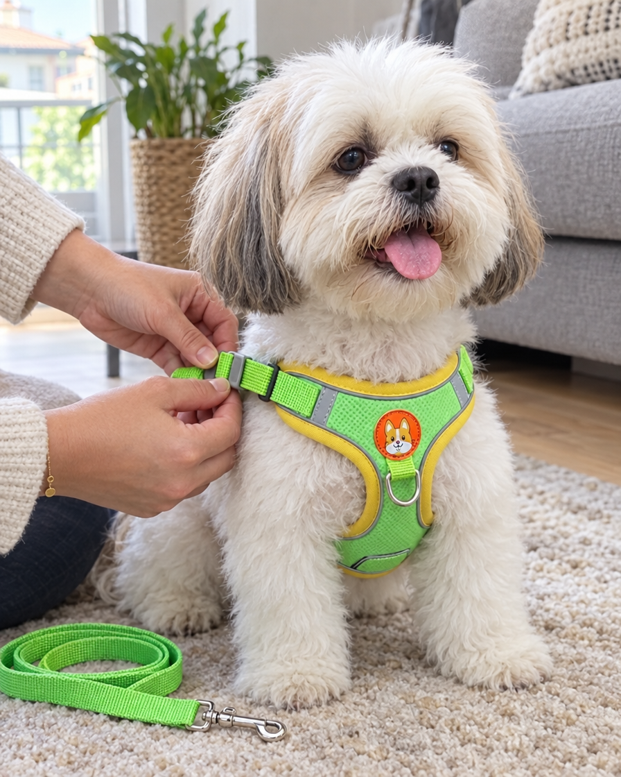 Mise en place du harnais sur un shih tzu