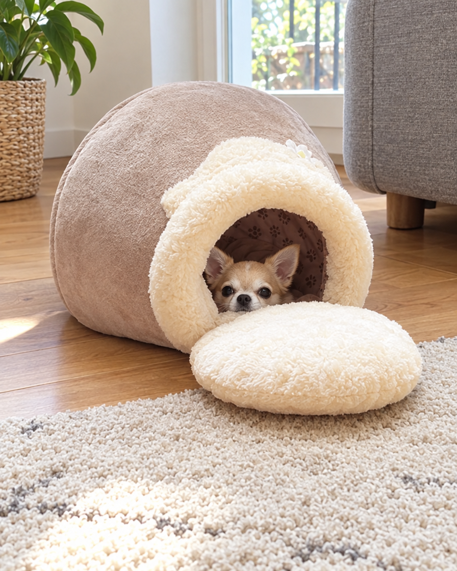 Chihuahua qui sort la tête du lit grotte