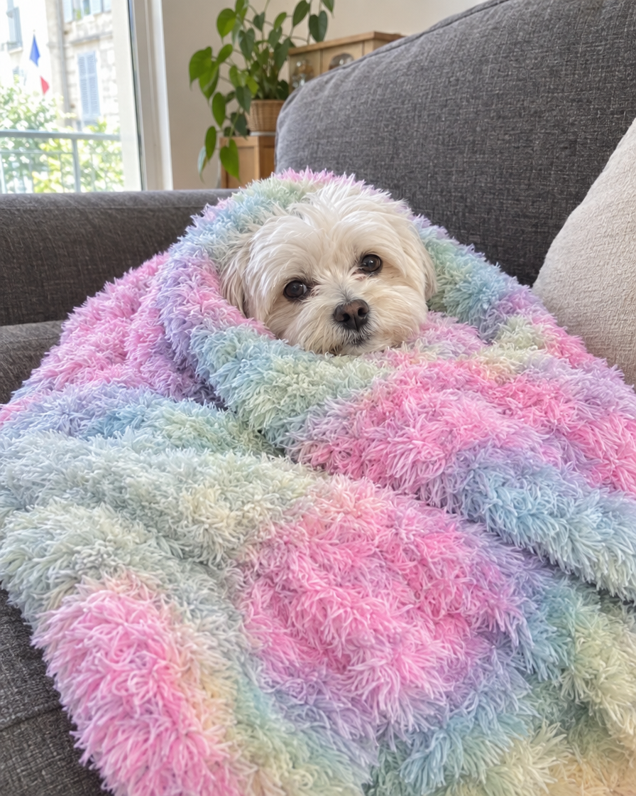 Petit chien emmitouflé dans le plaid