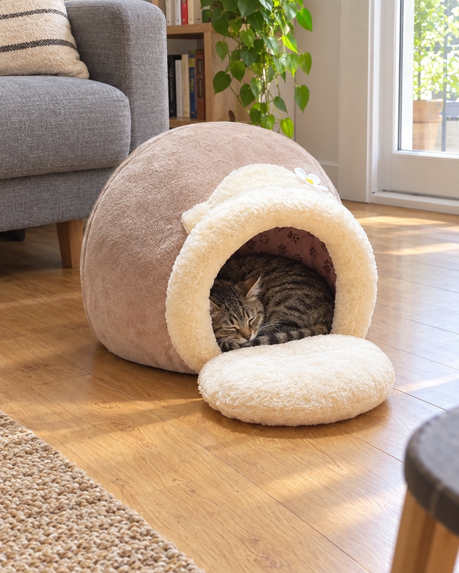 Chat endormi dans le lit grotte