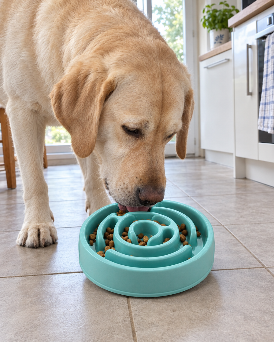 Labrador qui mange lentement dans la gamelle labyrinthe