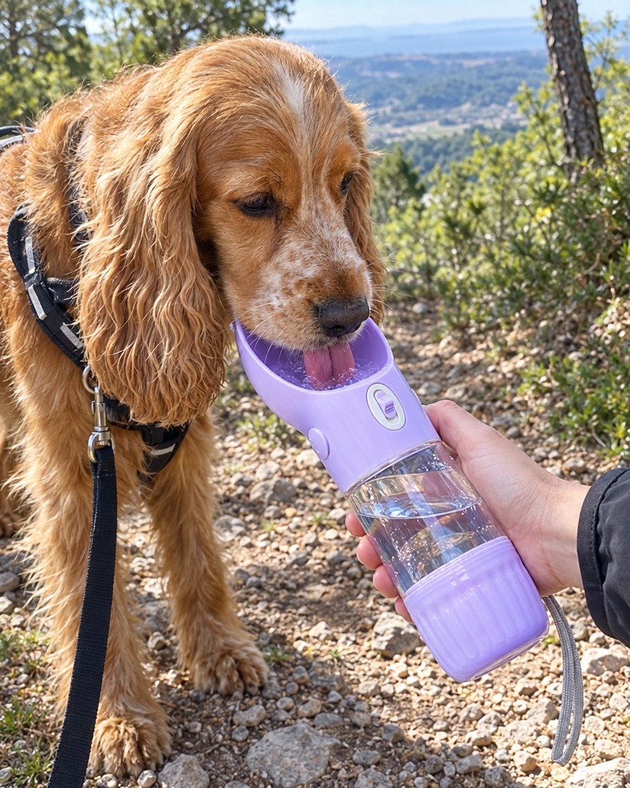 Cocker qui boit à la gourde en randonnée
