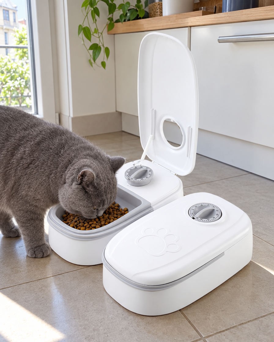 Chat british qui mange au distributeur