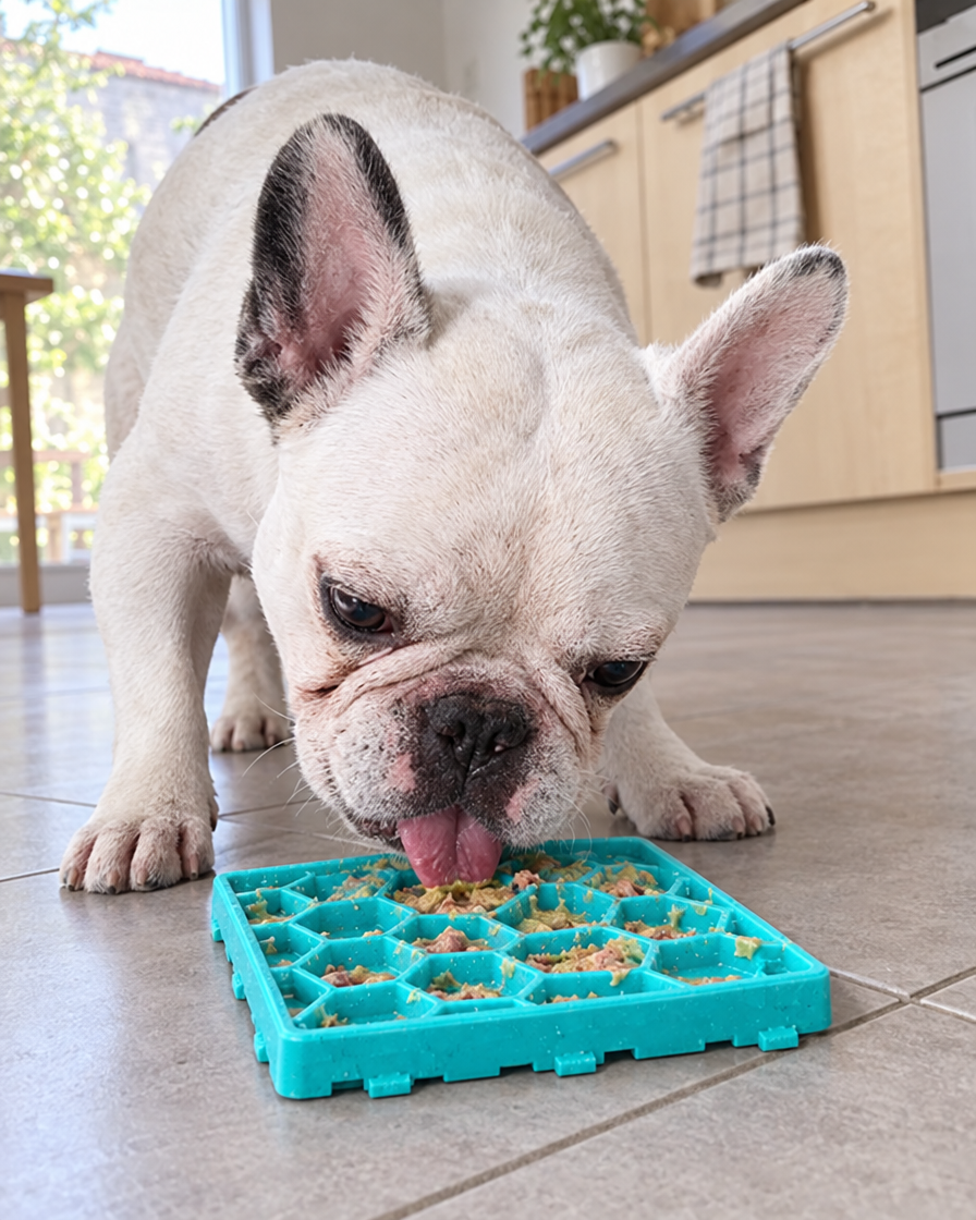 Bouledogue français qui lèche l'assiette