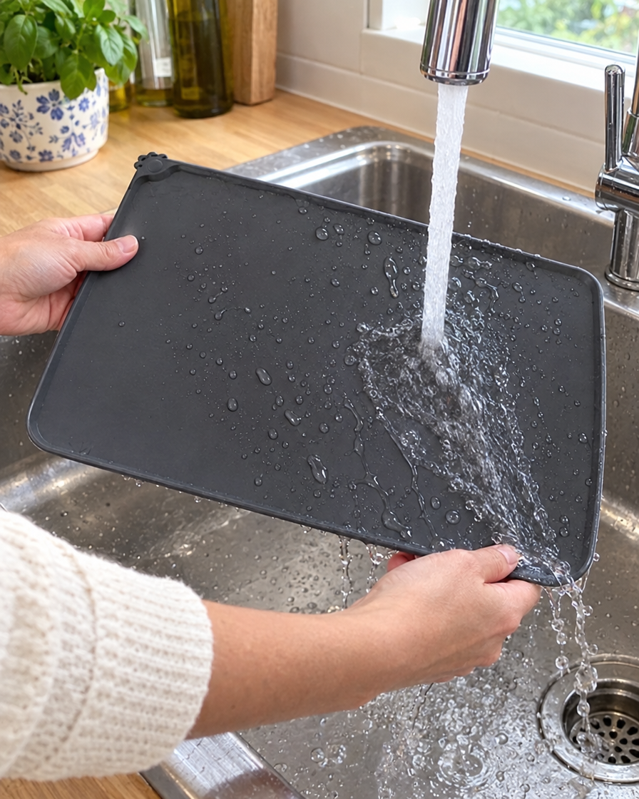 Tapis en silicone rincé sous le robinet