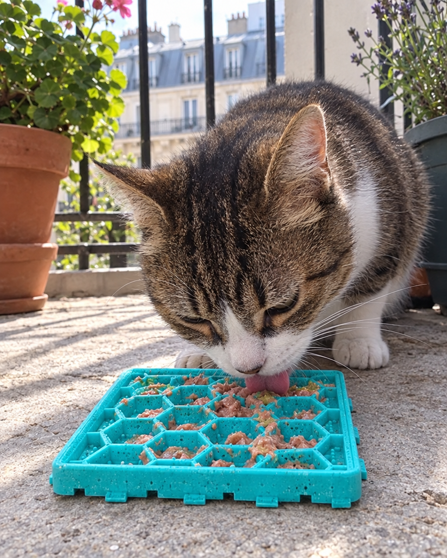 Chat qui lèche de la pâtée sur l'assiette