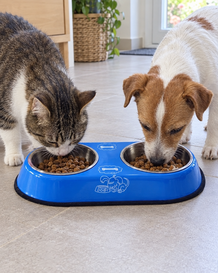 Chat et chien qui mangent côte à côte