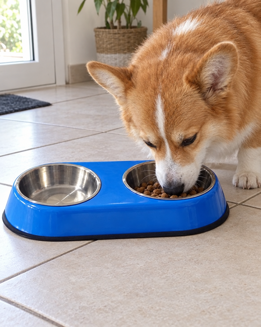 Corgi qui mange dans la double gamelle
