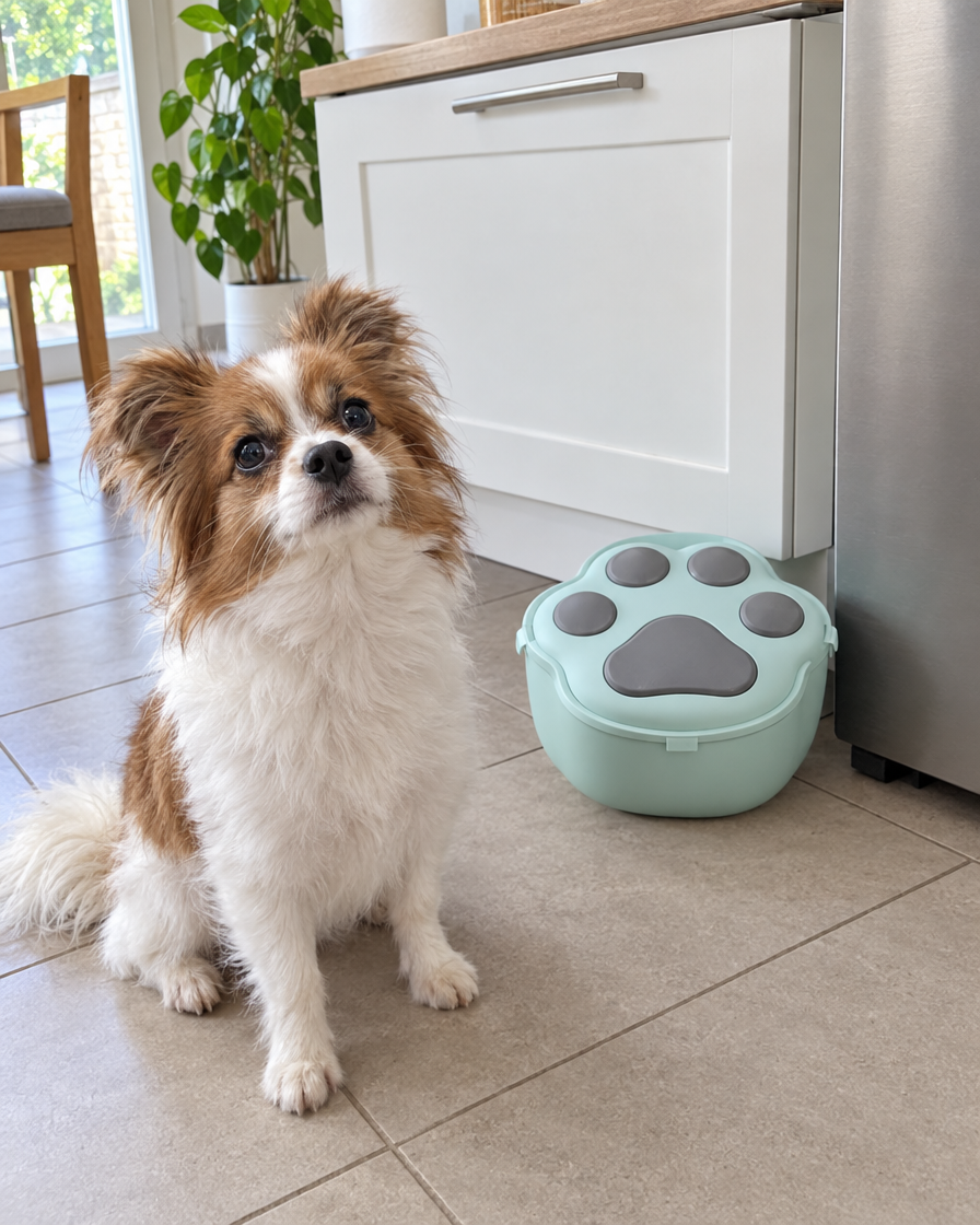 Petit chien devant la boîte à croquettes