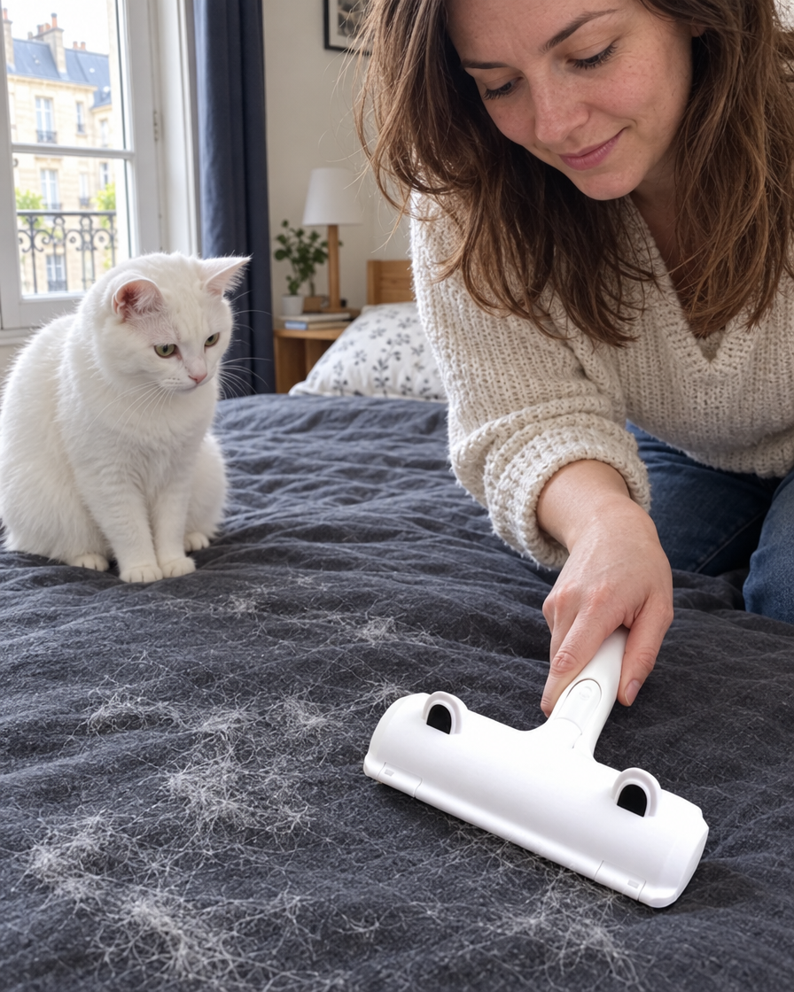 Nettoyage des poils de chat sur un lit
