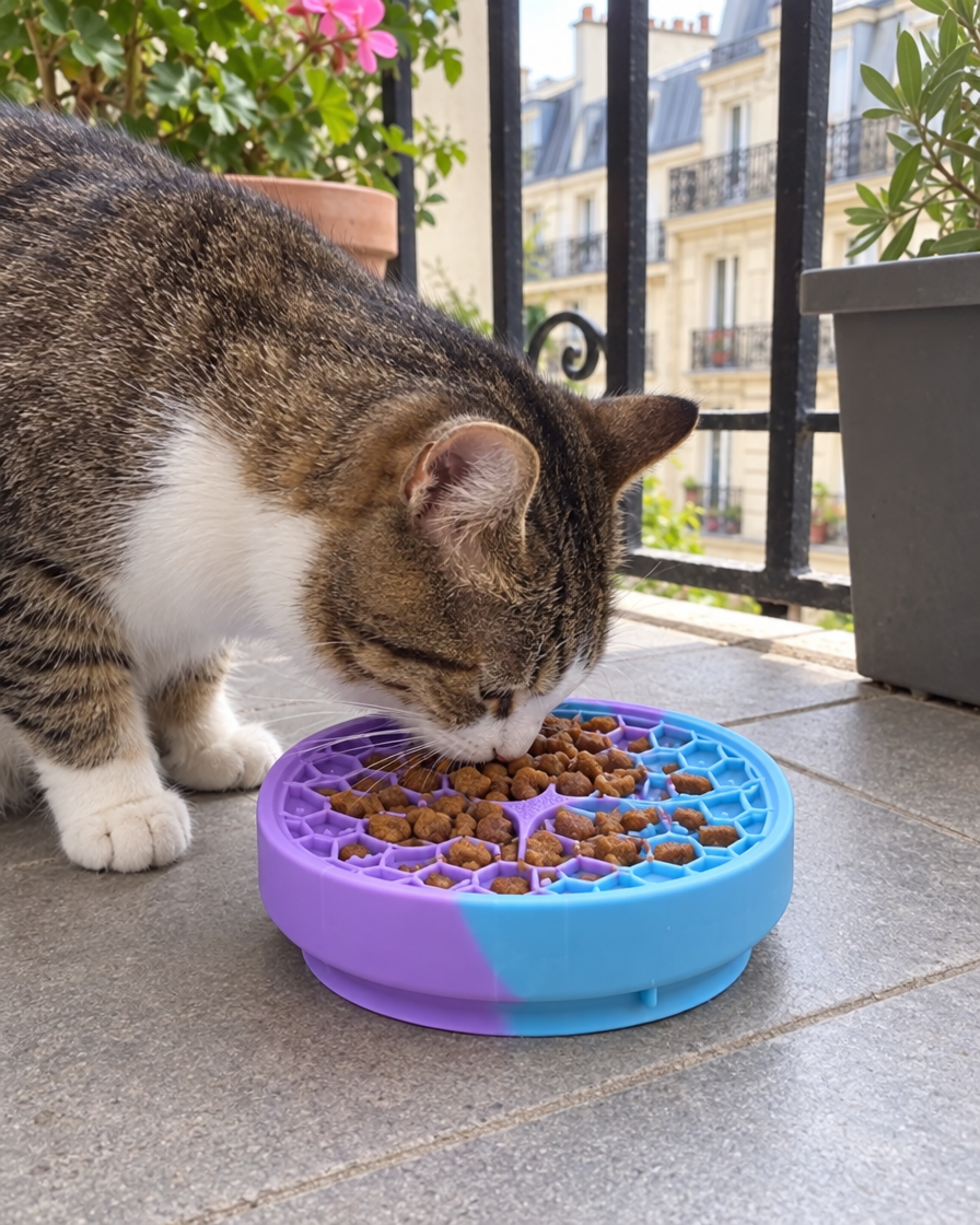 Chat qui mange dans la gamelle lente