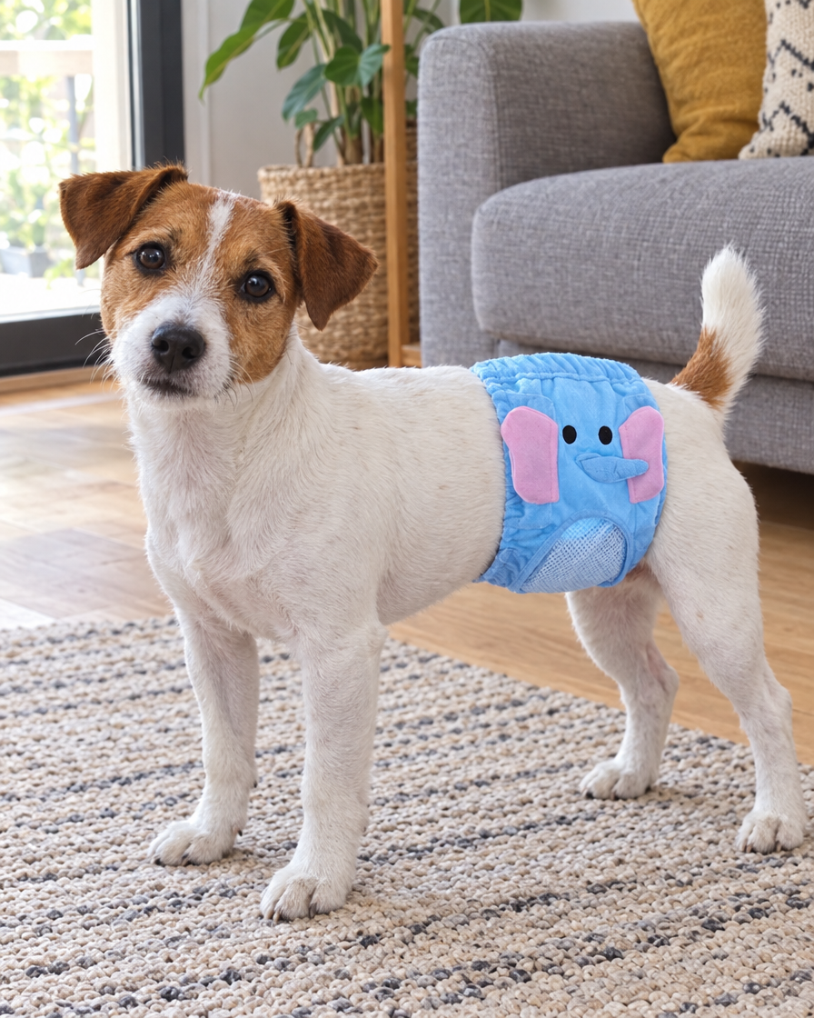 Jack russell mâle avec sa bande de propreté