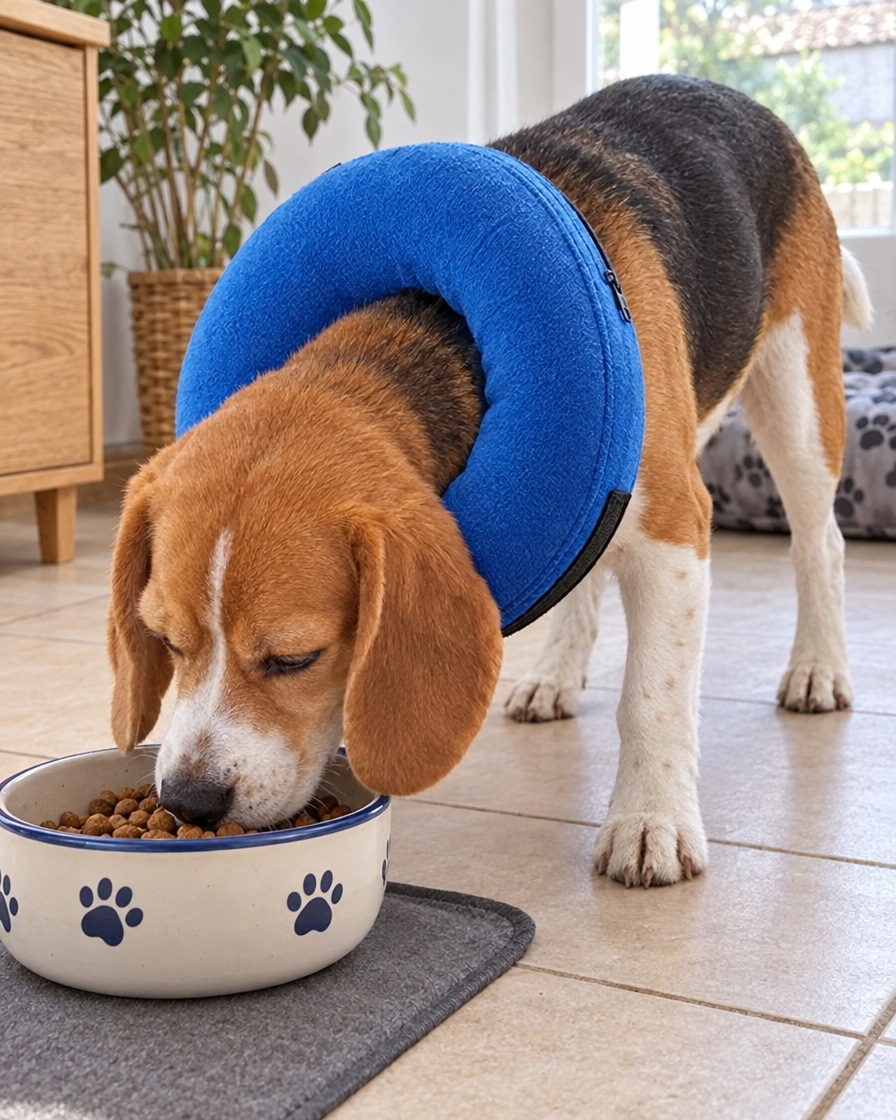 Beagle qui mange avec la collerette