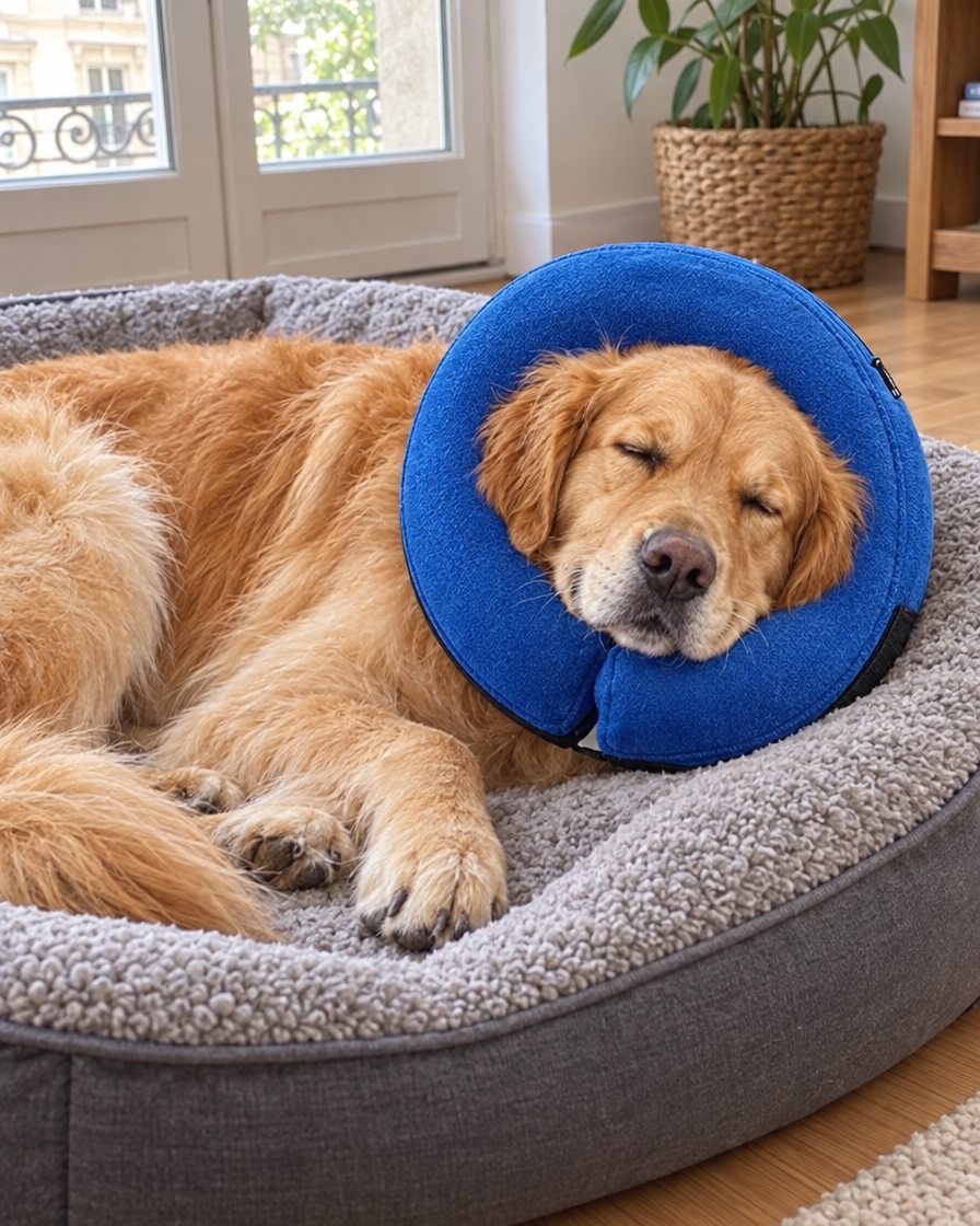 Golden retriever qui dort avec sa collerette gonflable