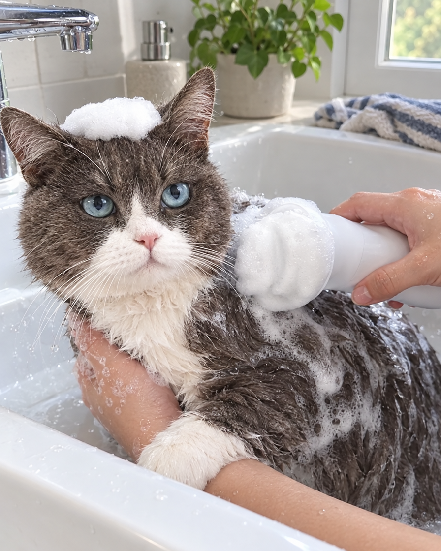 Bain d'un chat avec la brosse moussante